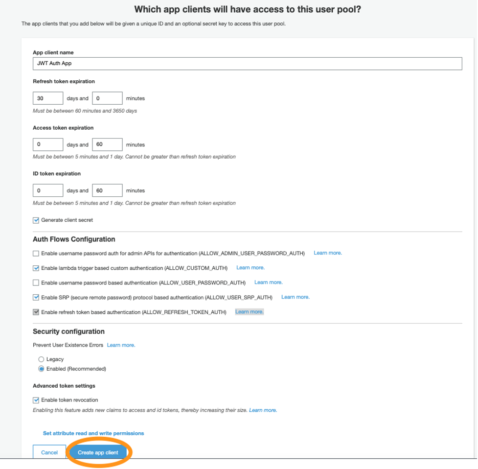 Figure 4: Review the app client configuration and create it