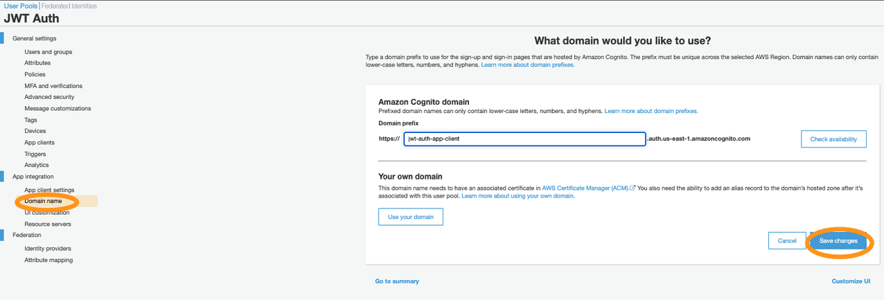 Figure 7: Choose a domain name prefix for the Amazon Cognito domain