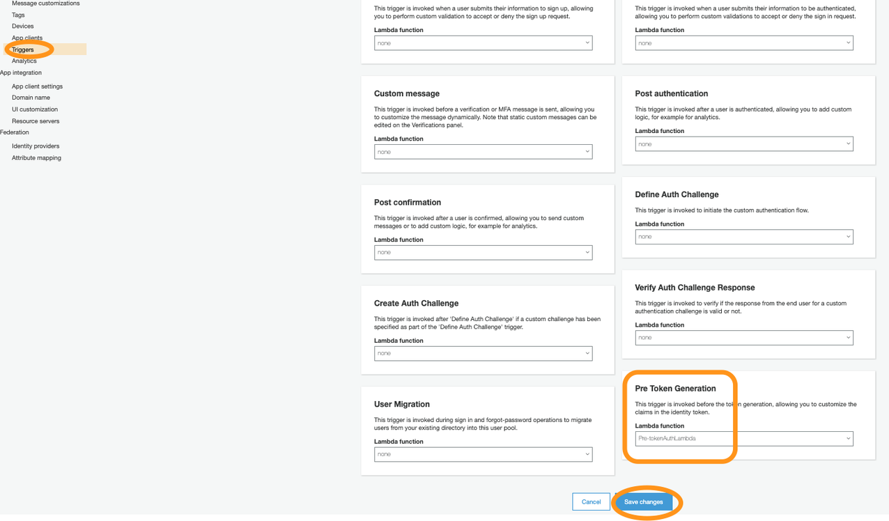 Figure 8: Configure Pre Token Generation trigger Lambda for user pool