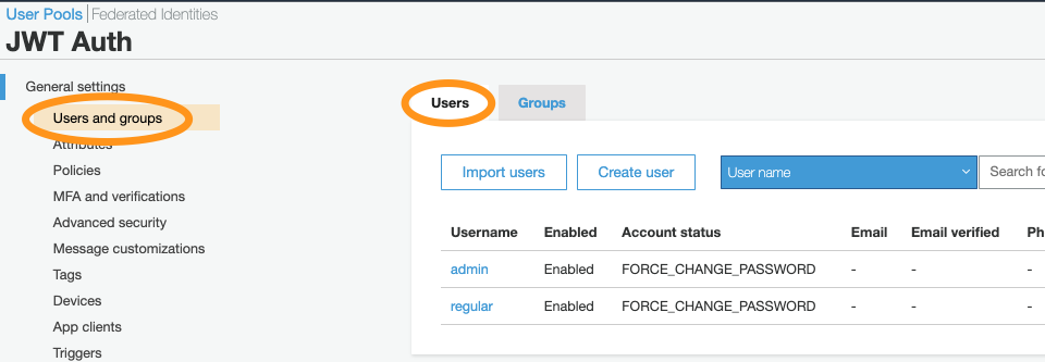 Figure 9: Create groups and users for user pool