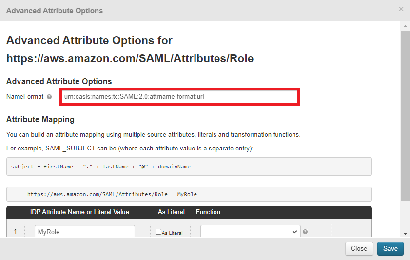 Figure 6. Advanced Attribute Options for https://aws.amazon.com/SAML/Attributes/Role