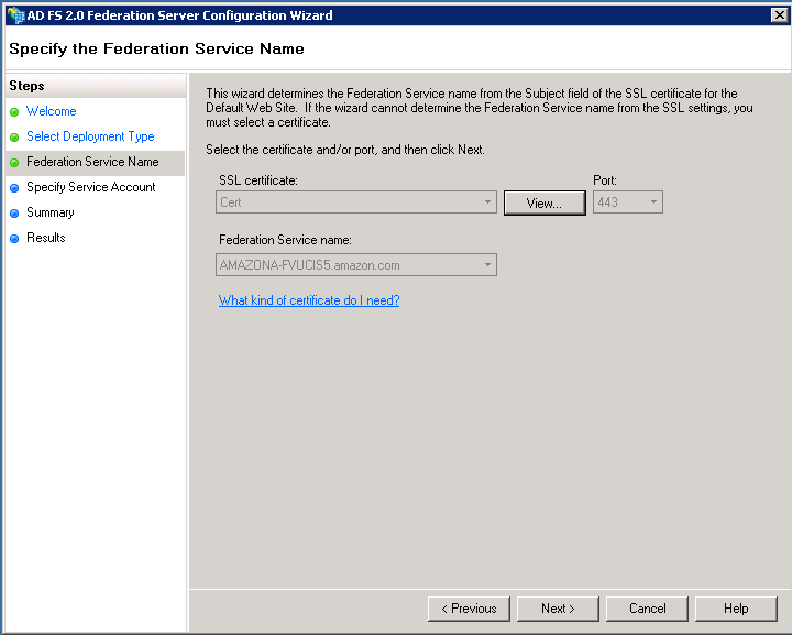 Screenshot of specifying the Federation Service name