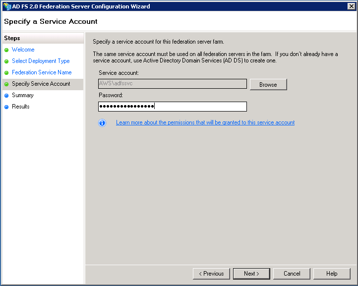 Screenshot of specifying a service account