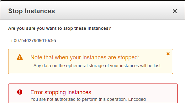 Screenshot showing the error message user Bob sees if he tries to stop an EC2 instance