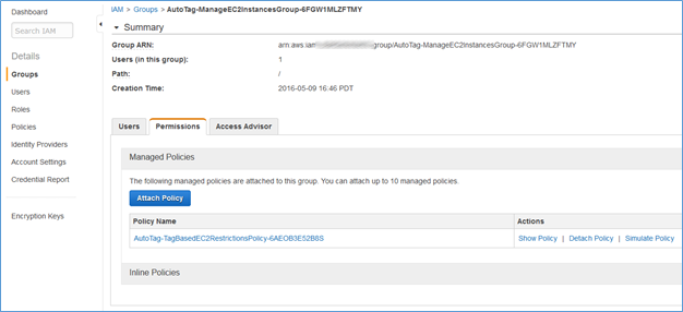 Screenshot showing the customer managed policy