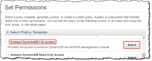Screenshot of selecting "Amazon DynamoDB Full Access" policy template