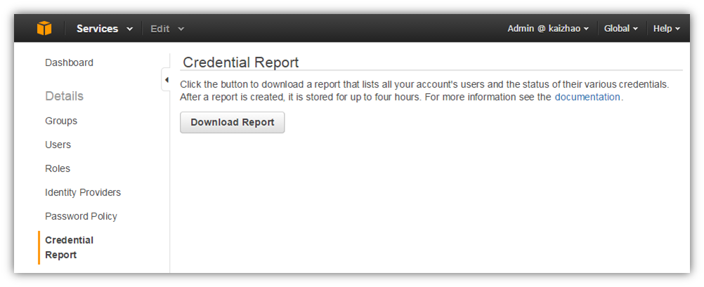 Screenshot of console page from which you download a credential report