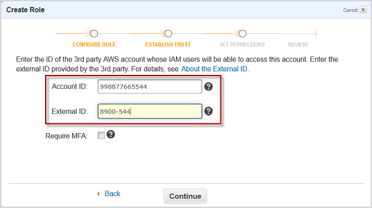 Screenshot of typing the account ID and external ID