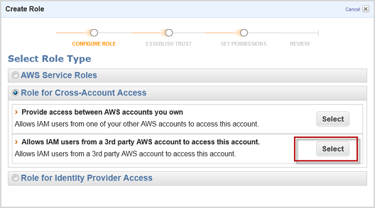 Screenshot of selecting "Allow IAM users from a 3rd party AWS account to access this account"
