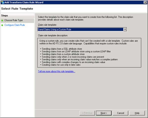 Screenshot of selecting a claim rule template
