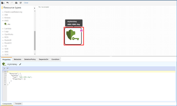 Image of dragging a KMS key resource type into a CloudFormation Designer template Image of dragging a KMS key resource type into a CloudFormation Designer template