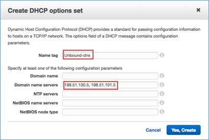 Screenshot of creating a DHCP options set