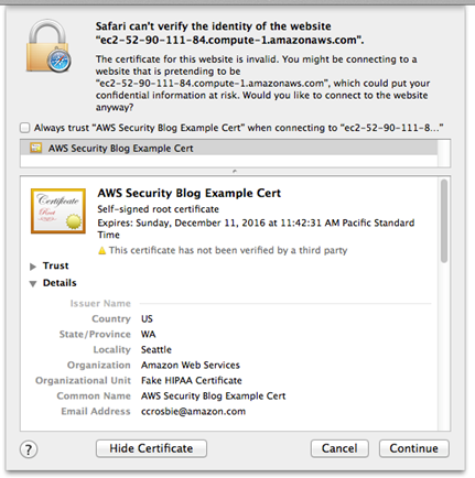 Image of certificate error shown for the purpose of this blog post only
