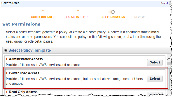 Screenshot showing the choice of the Power User Access policy template Screenshot showing the choice of the Power User Access policy template