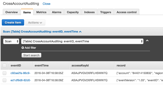 Image of entries in the DynamoDB table Image of entries in the DynamoDB table