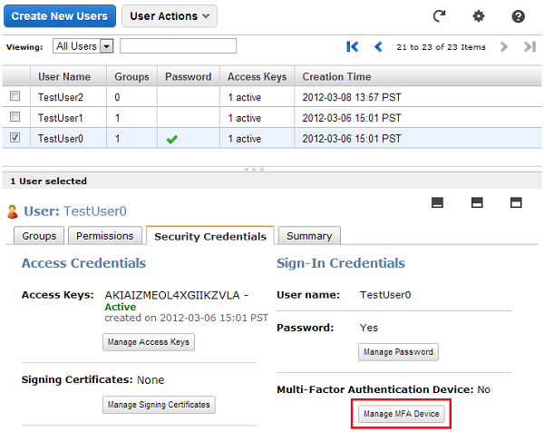 Screenshot of Manage MFA Device on the Users tab Screenshot of Manage MFA Device on the Users tab