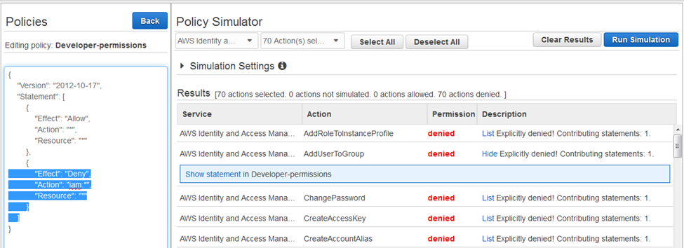 Screenshot showing the group policy “Developer-permissions” enforcing a deny on IAM actions