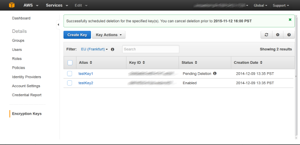 Image of confirming that the key is in the Pending Deletion state