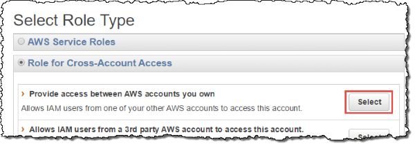 Screenshot of selecting "Provide access between AWS accounts you own"