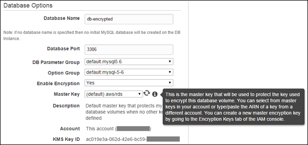 Screenshot of the RDS encryption configuration in AWS Management Console Screenshot of the RDS encryption configuration in AWS Management Console