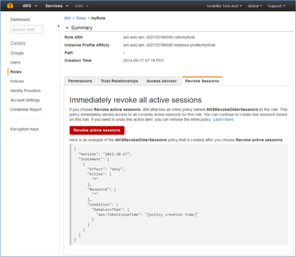 Screenshot of the Revoke Sessions tab