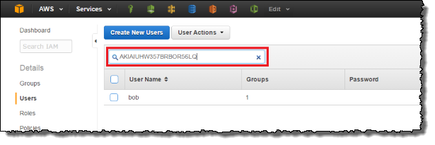 Screenshot showing the search box and user displayed on the Users page of the IAM console