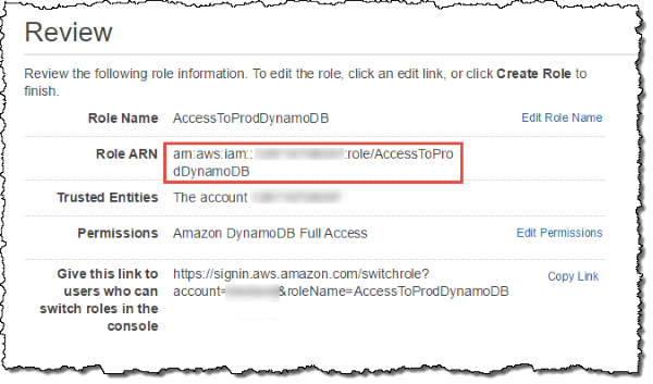Screenshot of reviewing the page showing Role ARN and predefined URL