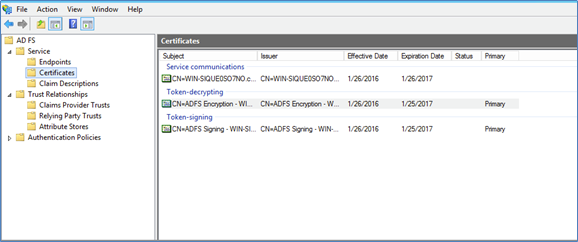 Image of Certificates folder in the AD FS console