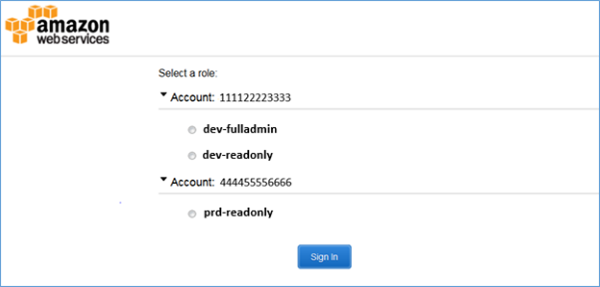 Screenshot showing target account and IAM roles presented to user Bob Screenshot showing target account and IAM roles presented to user Bob
