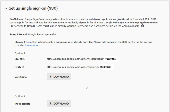 Screenshot of Set up SSO page Screenshot of Set up SSO page