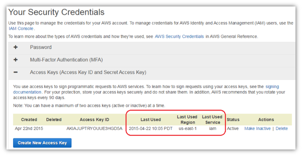 Image of root access key last used details