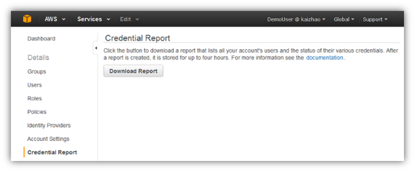 Image of button to download an IAM credential report