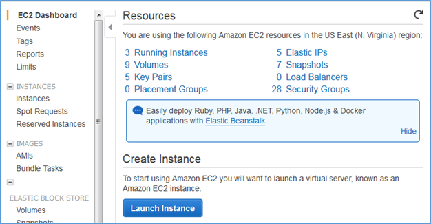 Image of the now accessible EC2 Dashboard