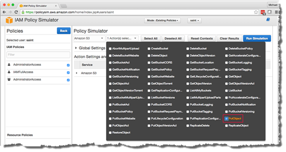 Image of selecting PutObject from the Actions drop-down list