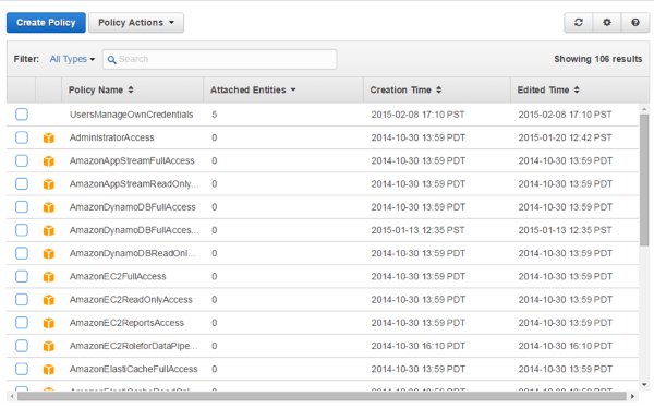 Image of the Policies pane in the IAM console