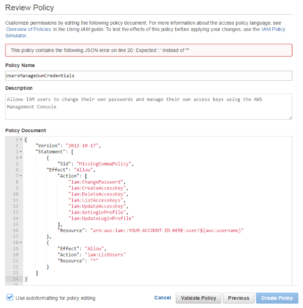 Image of the policy with the error message