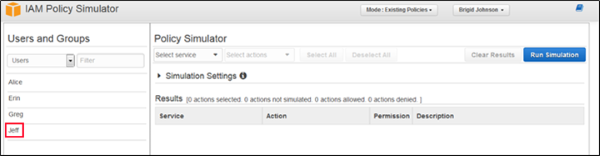 Image of user Jeff in the IAM policy simulator
