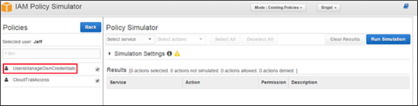 Image of the UsersManageOwnCredentials policy in the policy simulator