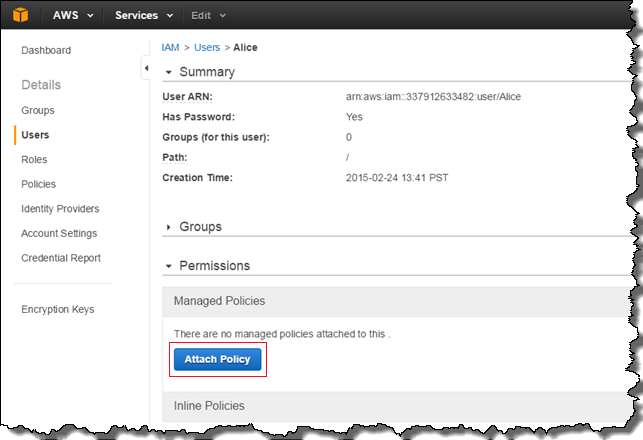 Image of the Attach Policy button in the Permissions section Image of the Attach Policy button in the Permissions section