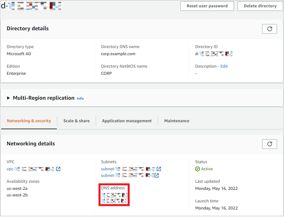 Figure 2: DNS IP addresses of AWS Managed Microsoft AD