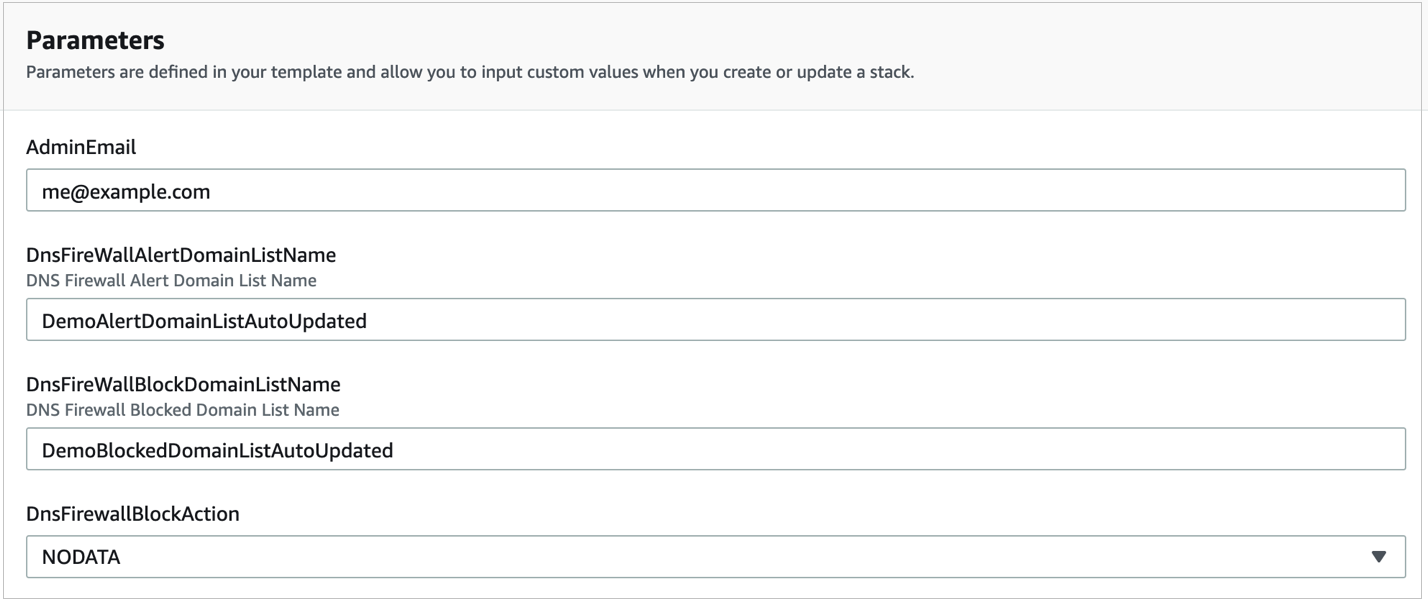 Figure 7: Sample CloudFormation stack parameters
