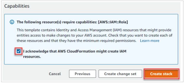 Figure 8: AWS CloudFormation capabilities acknowledgement
