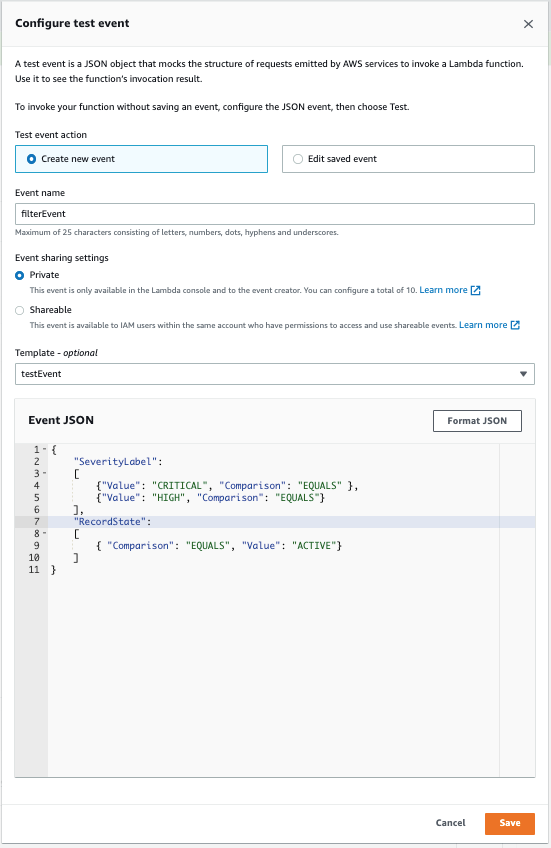 Figure 8: Test button to invoke the Lambda function