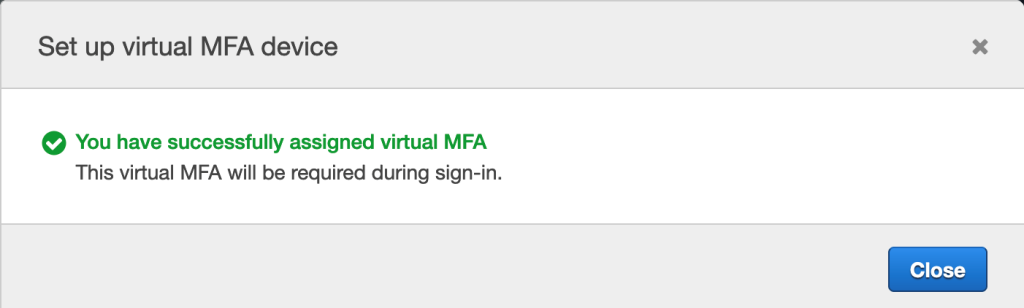 Screenshot showing that the virtual MFA device was successfully associated with the account