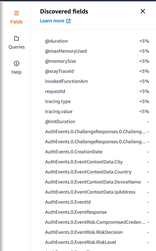 Figure 3: The fields available in CloudWatch Logs Insights