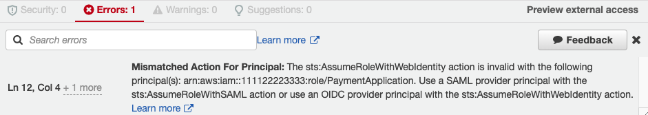 Figure 6: Policy validation window in IAM Access Analyzer with a finding for your policy