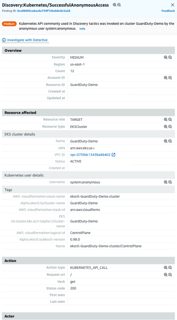 Figure 2: Example GuardDuty finding for Kubernetes successful anonymous access