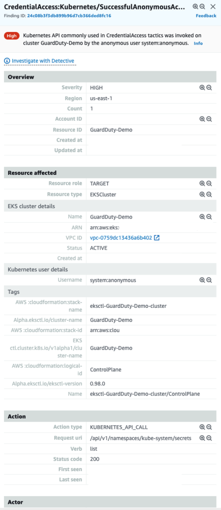 Figure 3: Example GuardDuty finding for Kubernetes successful credential access from anonymous user