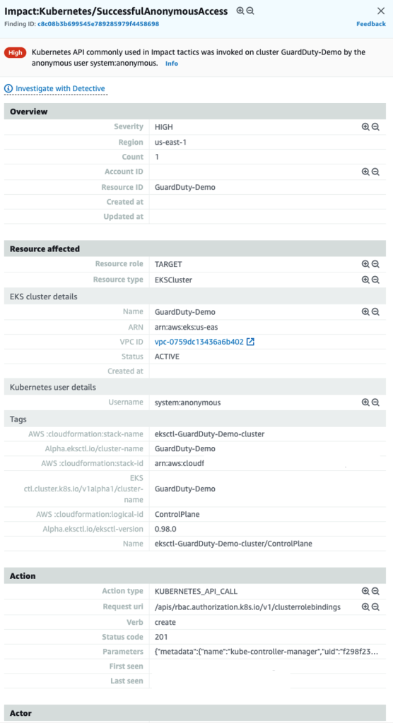 Figure 4 Example GuardDuty finding for Kubernetes successful credential change by anonymous user