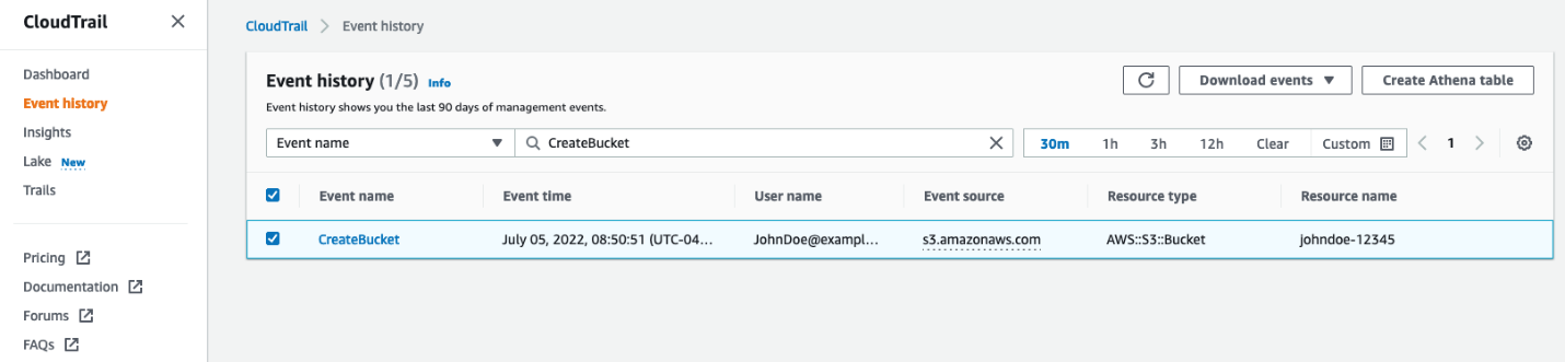 Figure 2: Looking up the CreateBucket event in the CloudTrail event history